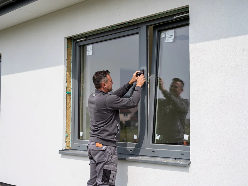 Menuisier réglant une fenêtre en aluminium sur une façade rénovée